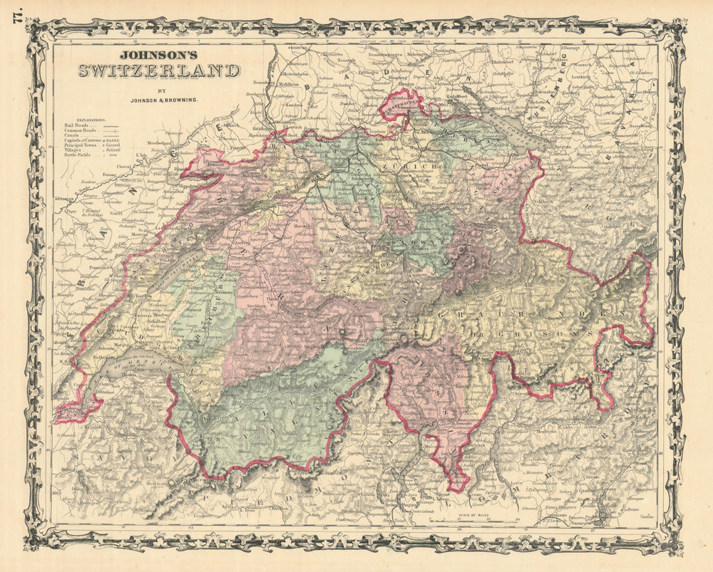 Johnson's Switzerland in cantons 1861 old antique vintage map plan chart