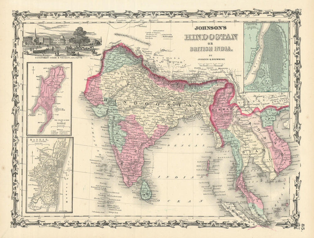 Johnson's Hindostan or British India. Bombay Madras Calcutta. Indochina 1861 map