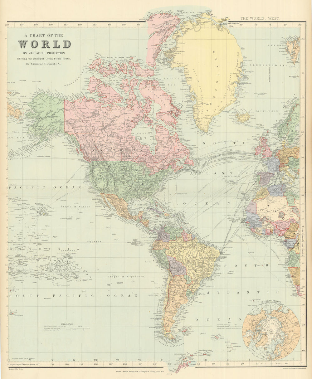 World on Mercator's Projection. West sheet. Americas. 67x55cm. STANFORD 1894 map