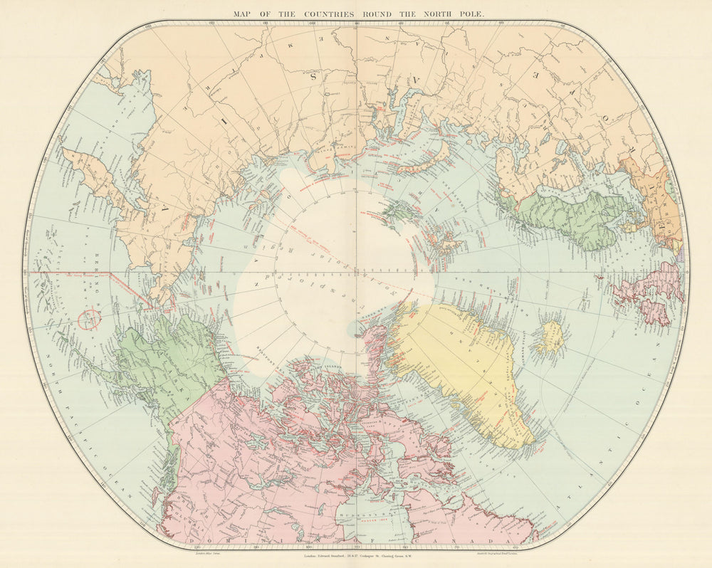 Arctic Regions. North Pole. Explorers' routes dates. Nansen. STANFORD 1894 map