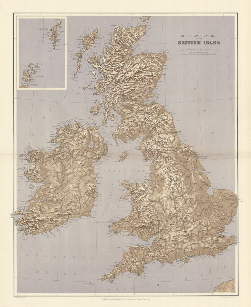 British Isles Stereographical. Mountains rivers. Large 65x52cm STANFORD 1894 map