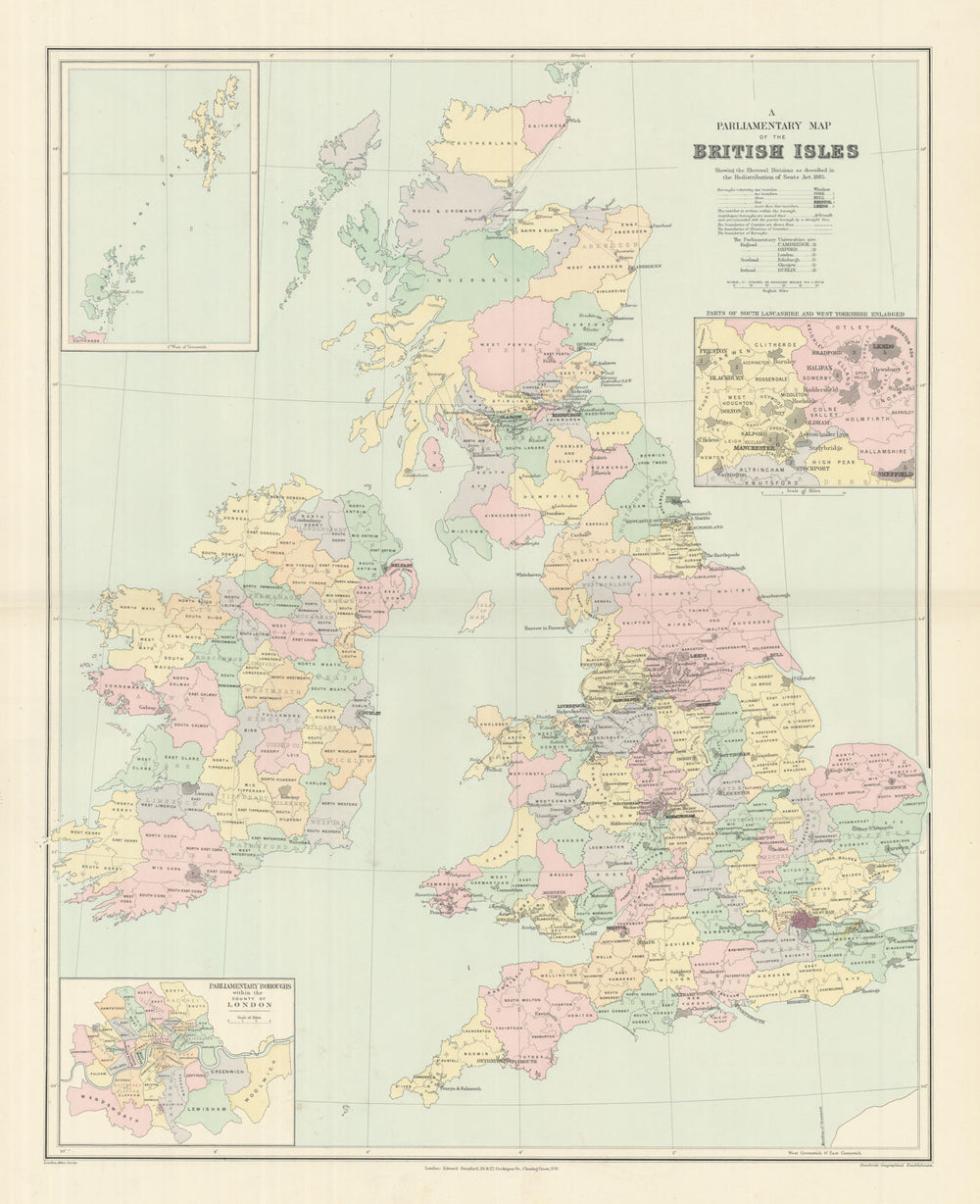 British Isles Parliamentary constituencies. Large 64x51cm. STANFORD 1894 map