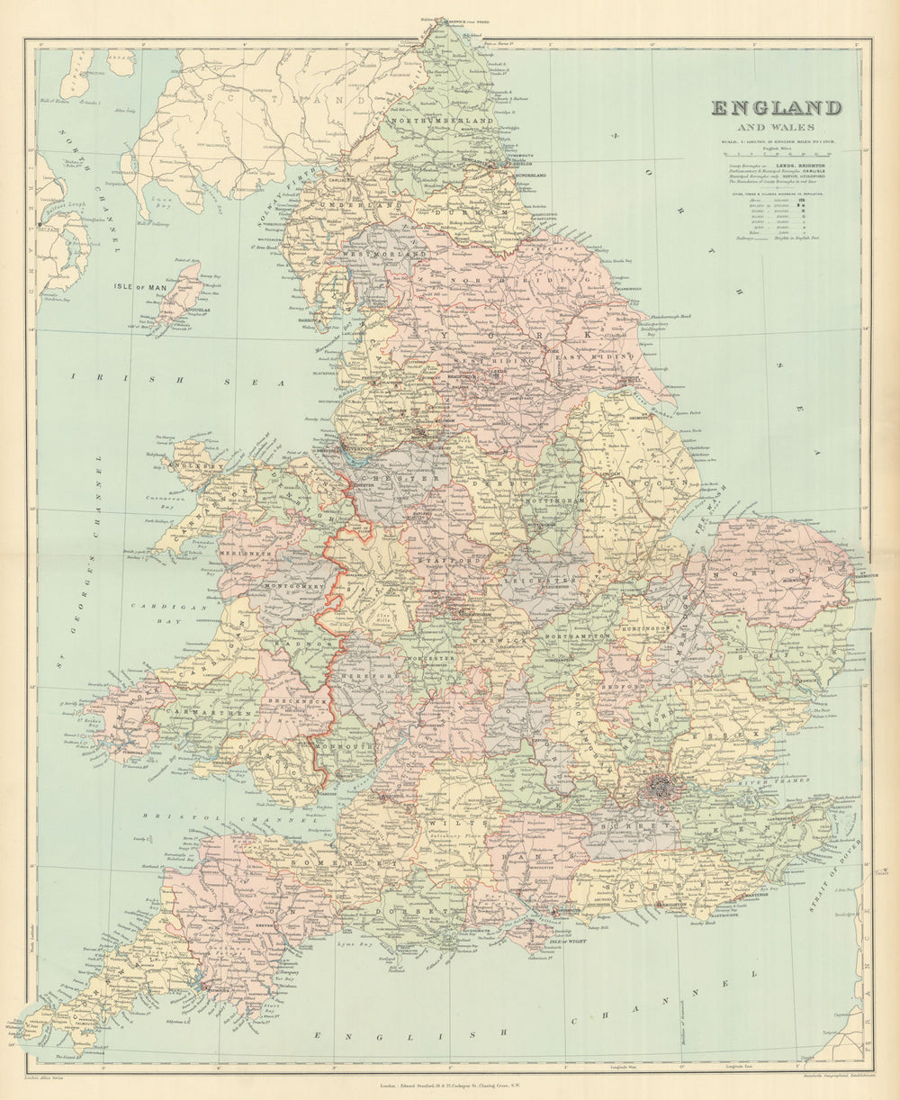 England and Wales in counties. Railways. Large 68x55cm. STANFORD 1894 old map