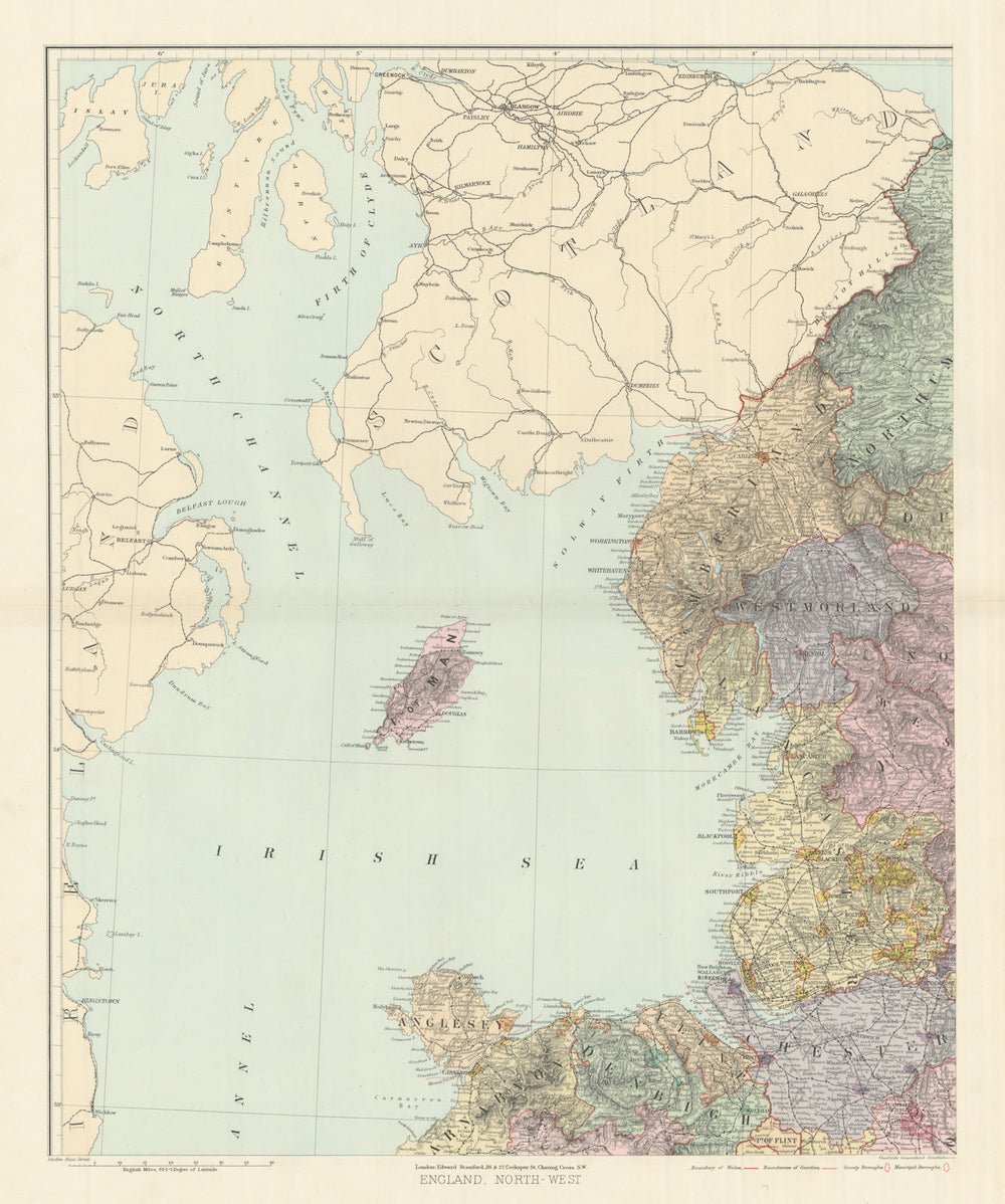 North west England & North Wales. Isle of Man. Large 62x50cm. STANFORD 1894 map