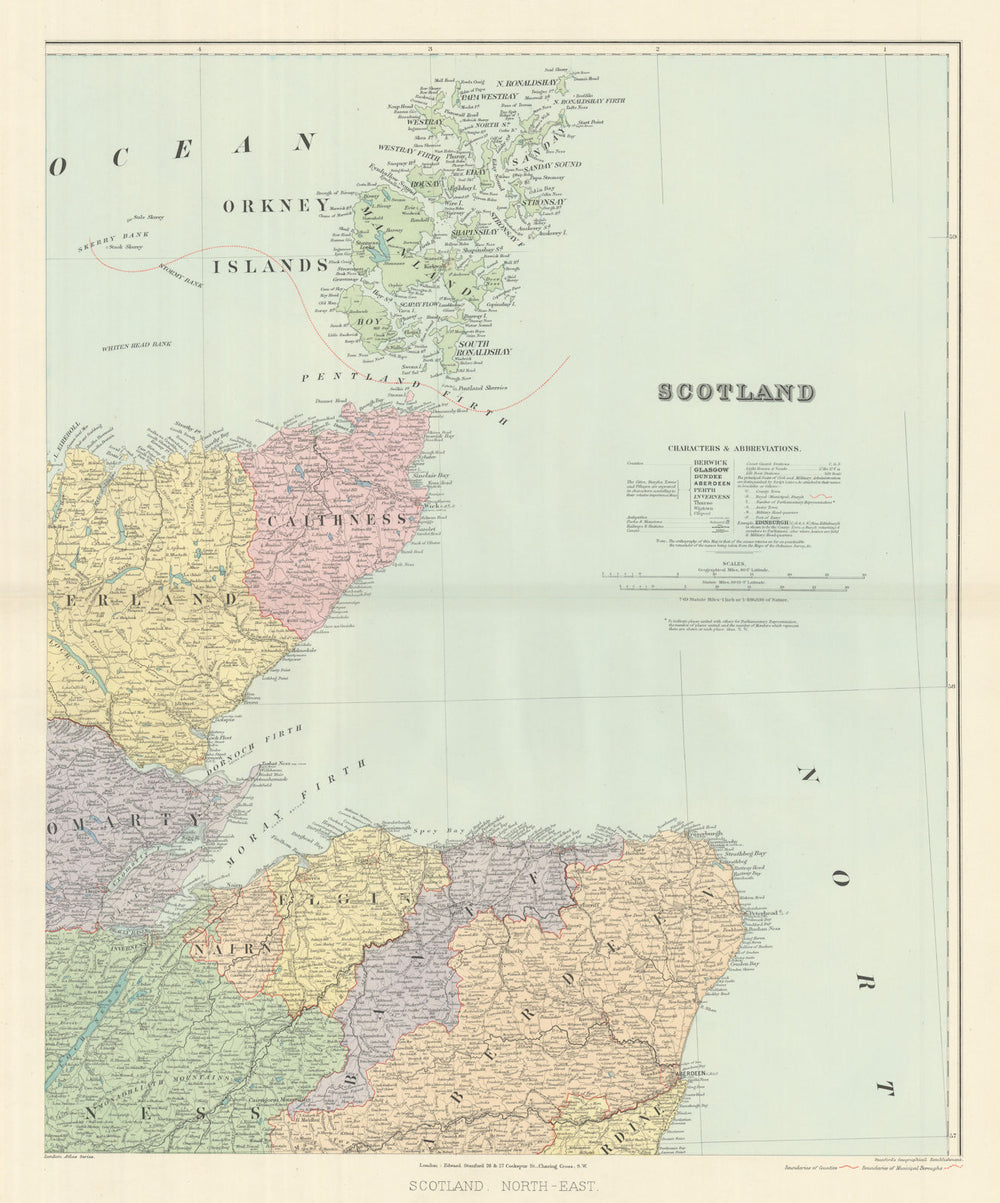 Scotland N.E. Orkney Cathiness Banff Elgin Aberdeen Sutherland STANFORD 1894 map