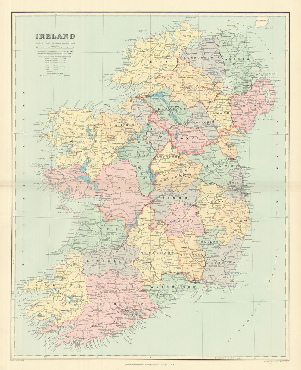 Ireland. Counties, railways & provinces. Large 64x52cm. STANFORD 1894 old map
