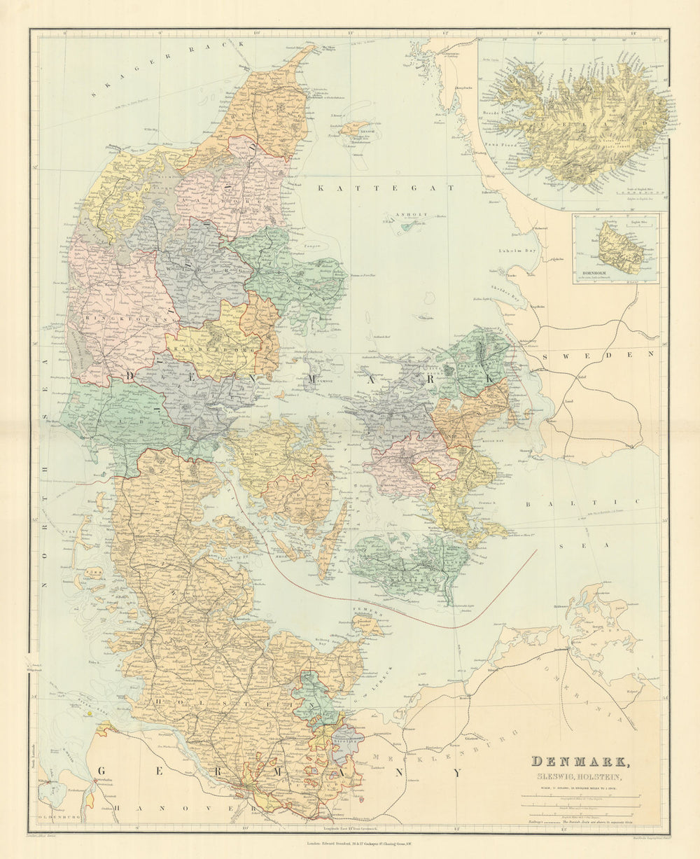 Denmark, Schleswig & Holstein. Iceland Bornholm. Large 66x52cm STANFORD 1894 map