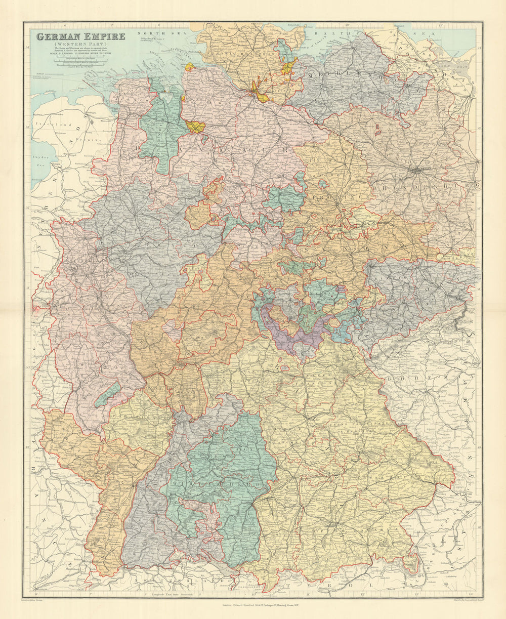 German Empire west. Germany w/ Alsace Lorraine. 65x52cm. STANFORD 1894 old map
