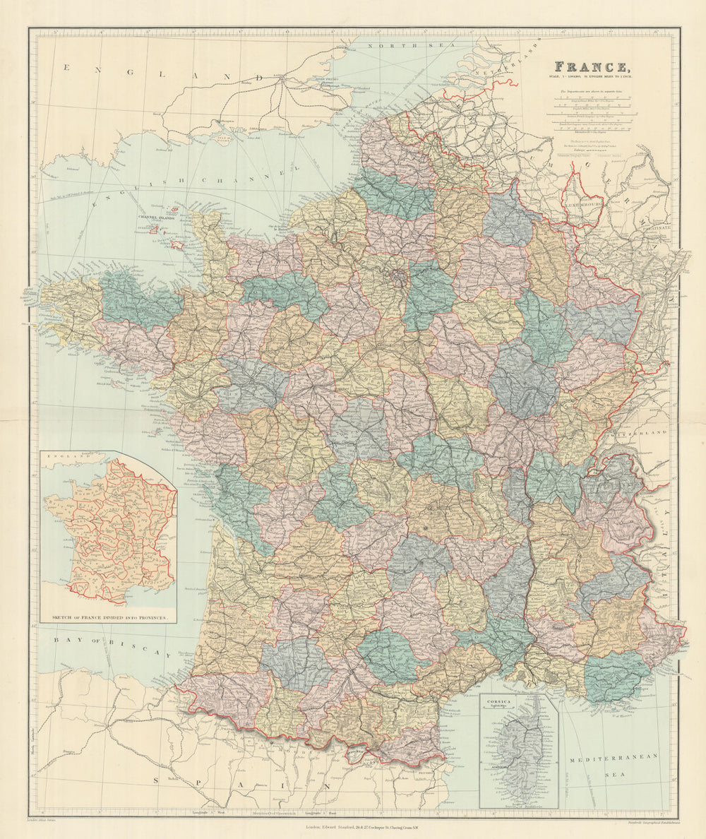 France in departements without Alsace Lorraine. Large 65x54cm. STANFORD 1894 map
