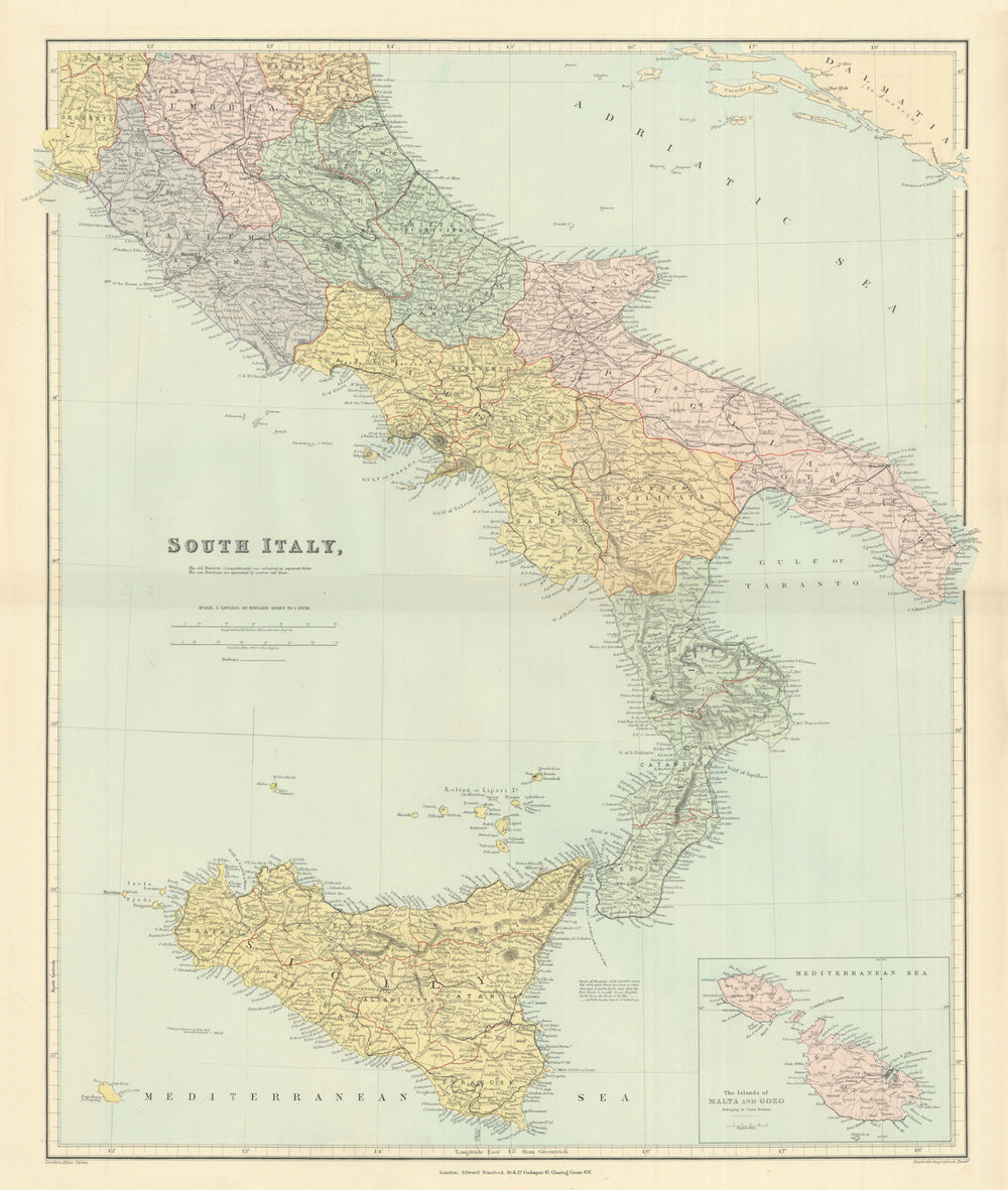South Italy. Sicily Calabria Puglia Abruzzo Lazio Campania. STANFORD 1894 map