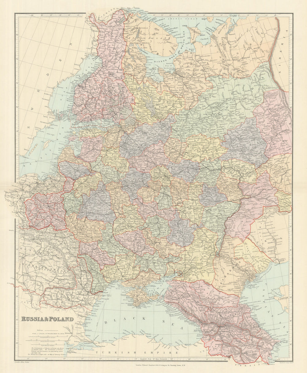 Russia & Poland. Caucasus. Republics krais oblasts railways. STANFORD 1894 map