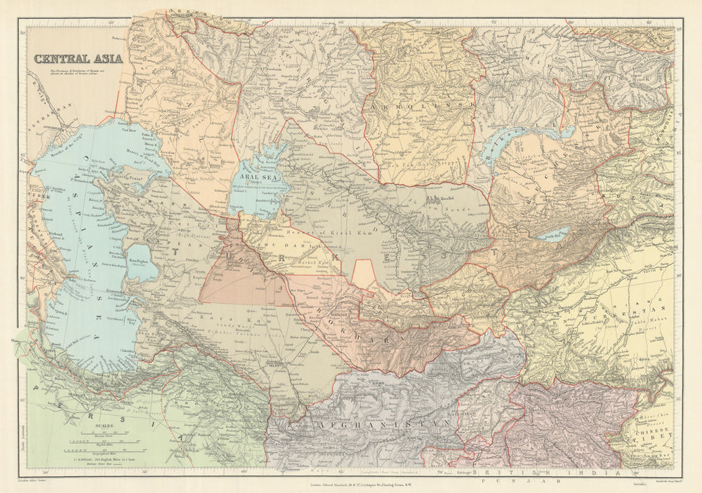 Central Asia. Trans-Caspian Aral Sea Khiva Bokhara Sirdaria STANFORD 1894 map