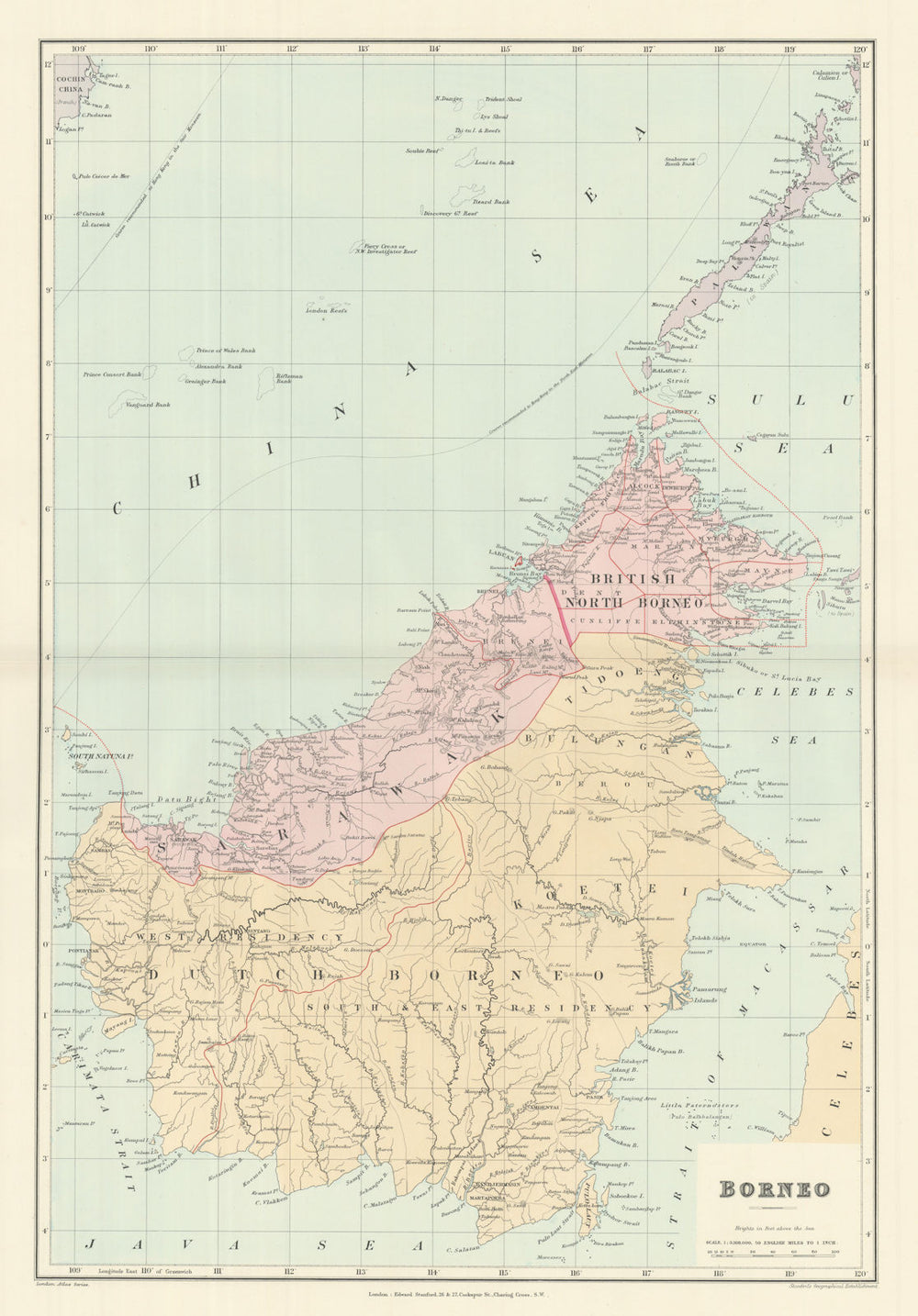 Dutch & British North Borneo Sarawak Kalimantan Palawan. STANFORD 1894 old map