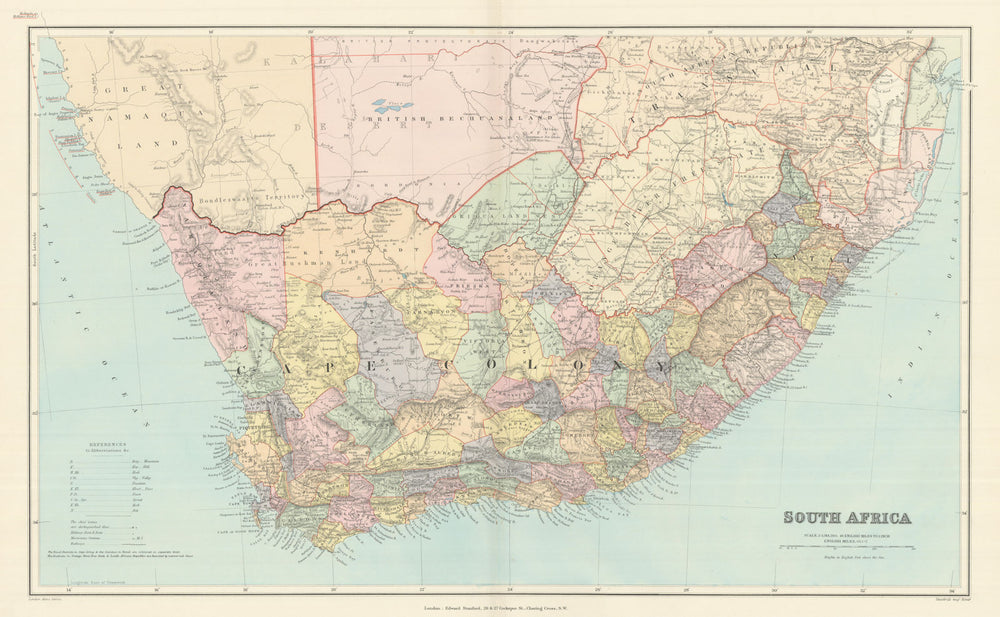 Cape Colony, Natal & Orange River Colony. South Africa 44x70cm STANFORD 1894 map