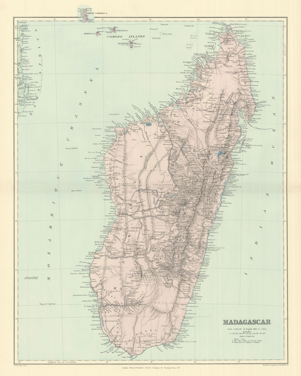 Madagascar, Comoros & Mayotte. Mozambique coast. 50x64cm STANFORD 1894 old map