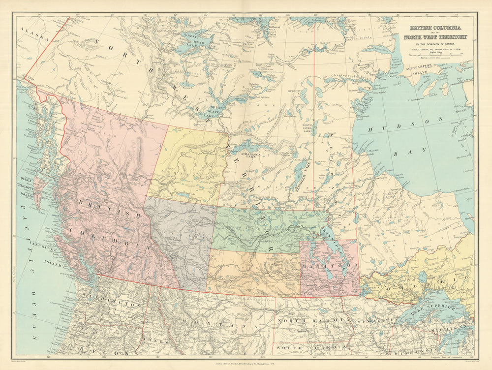 British Columbia & Northwest Territory. Manitoba Canada. STANFORD 1894 old map