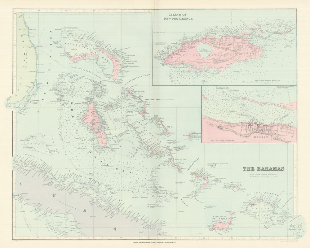 Bahamas. Turks & Caicos. New Providence. Nassau plan. 53x67cm. STANFORD 1894 map