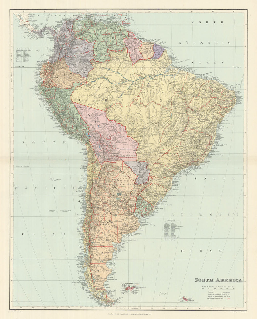South America. Large 64x51cm. STANFORD 1894 old antique vintage map plan chart