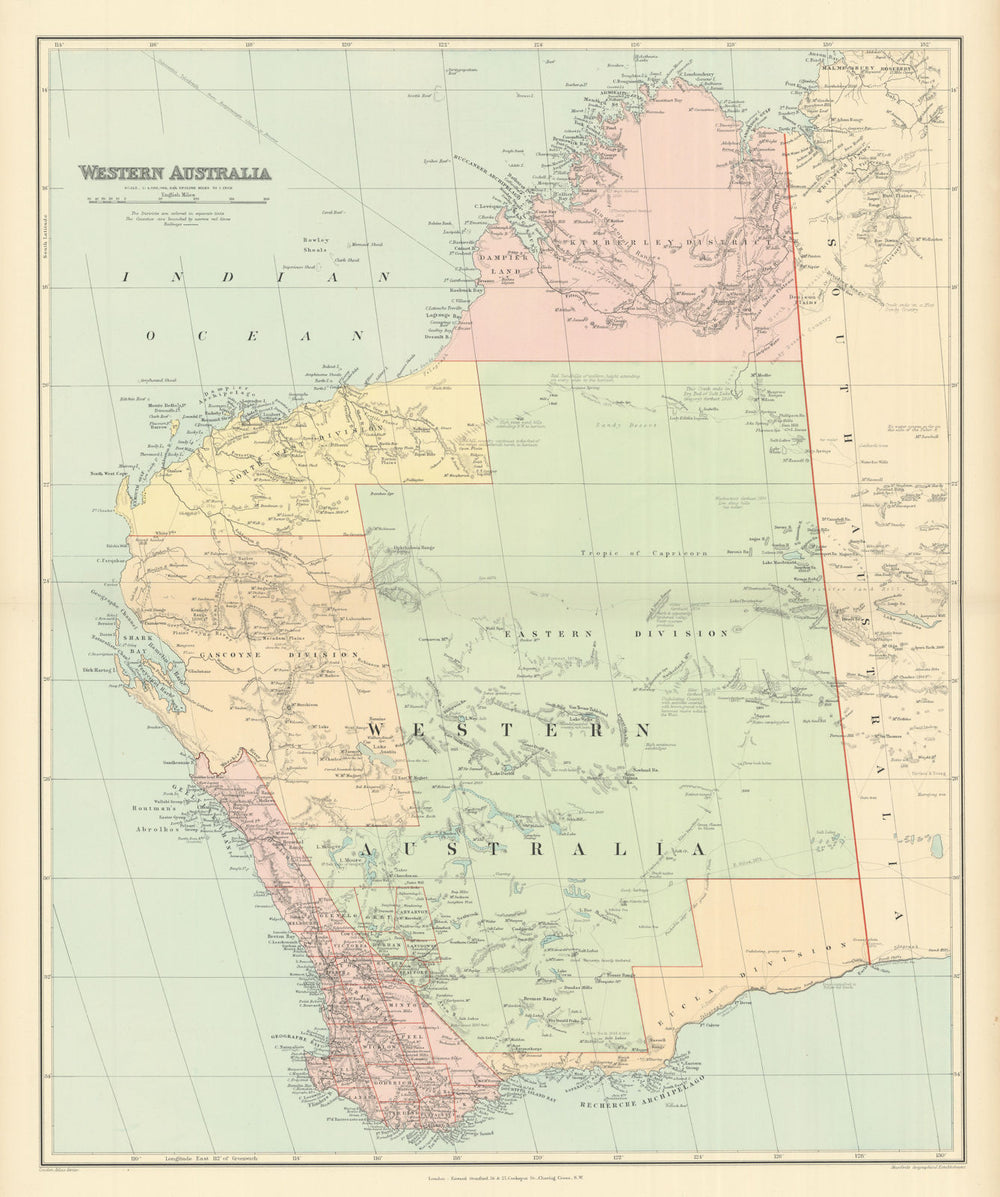 Western Australia. Districts. Explorers' routes. Large 66x55cm STANFORD 1894 map