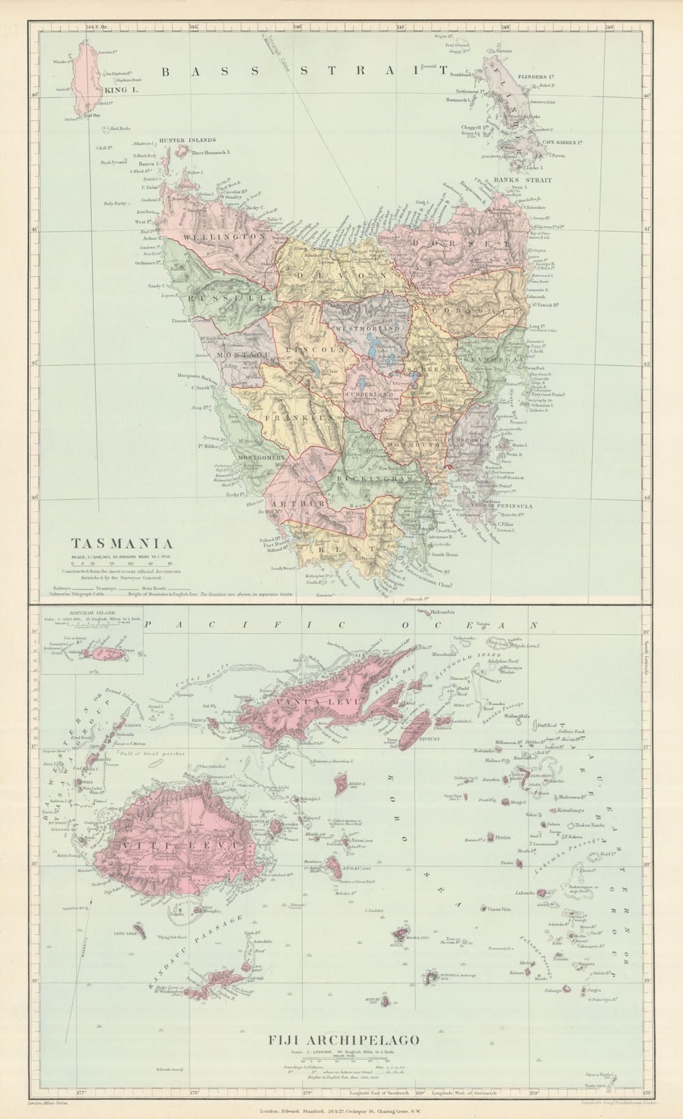 Tasmania & Fiji Archipelago. Vanua Levu. Viti Levu. STANFORD 1894 old map