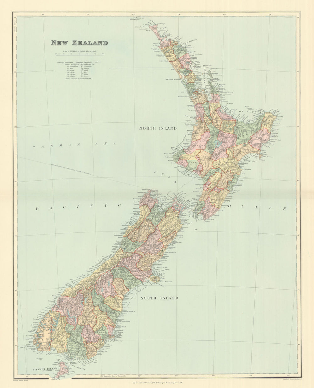 New Zealand. Counties. Railways. Large 64x50cm. STANFORD 1894 old antique map