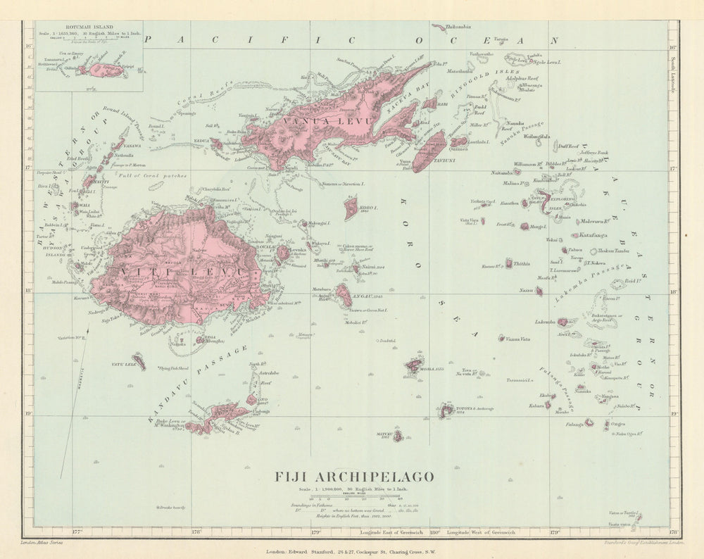 Fiji Archipelago. Vanua Levu. Viti Levu. Rotumah. STANFORD 1894 old map