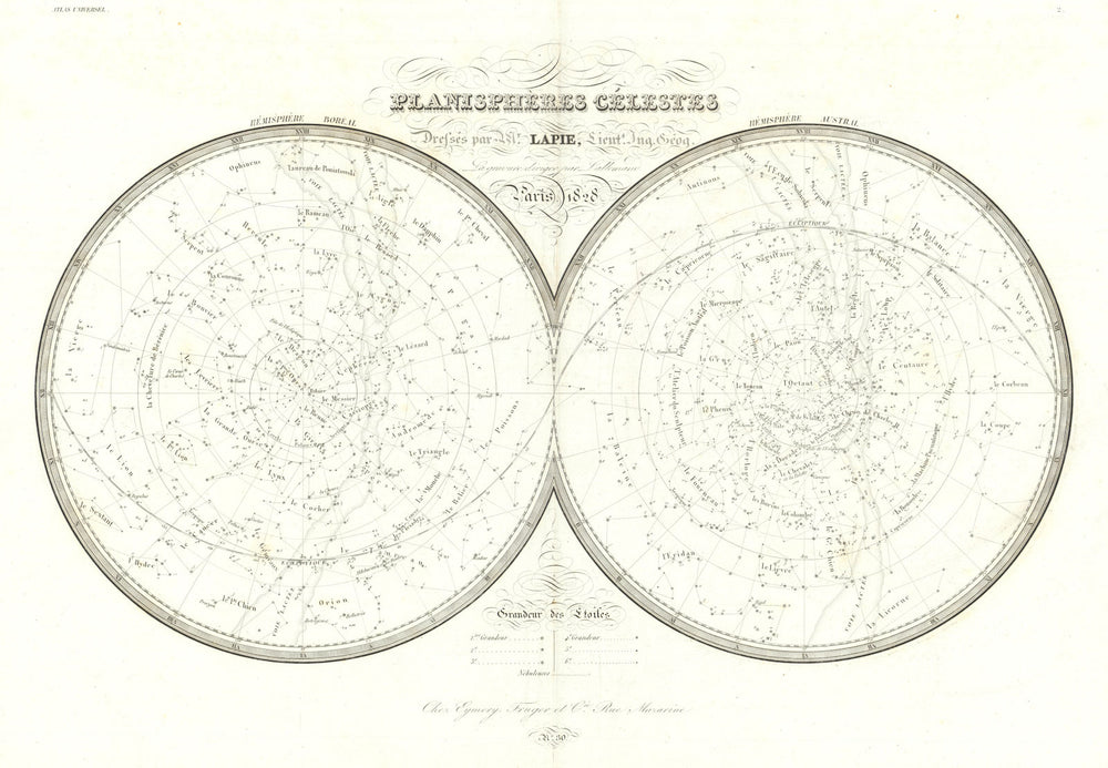 Planisphères célestes. Celestial star chart Astronomy. LAPIE 1828 old map