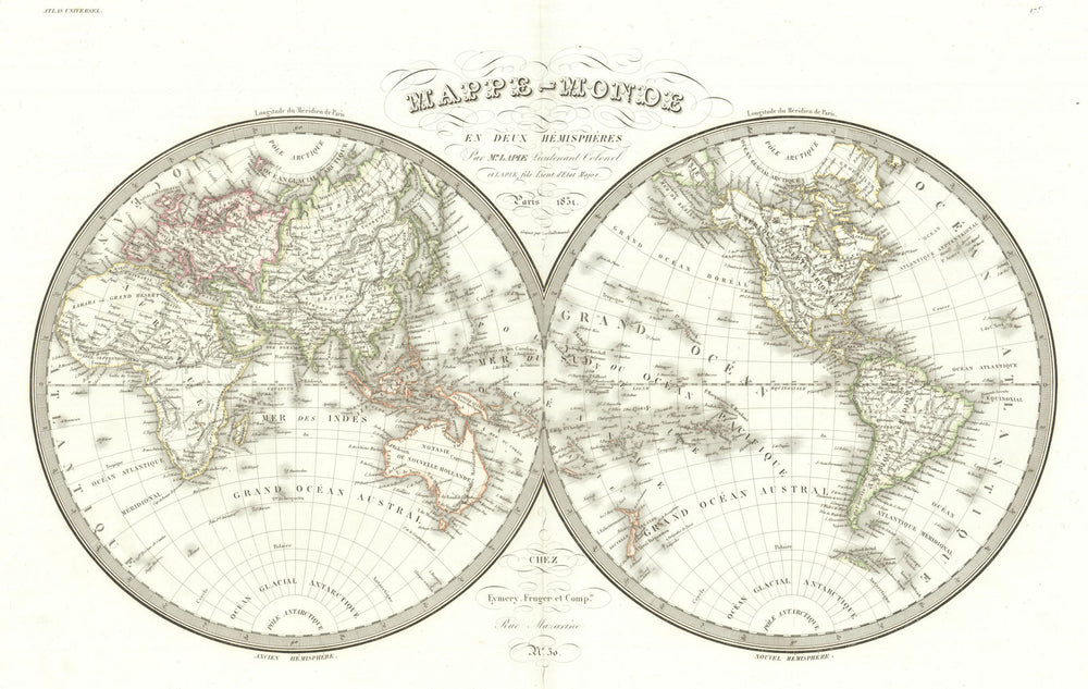 Mappemonde en deux hémisphères. World hemispheres. LAPIE 1831 old antique
