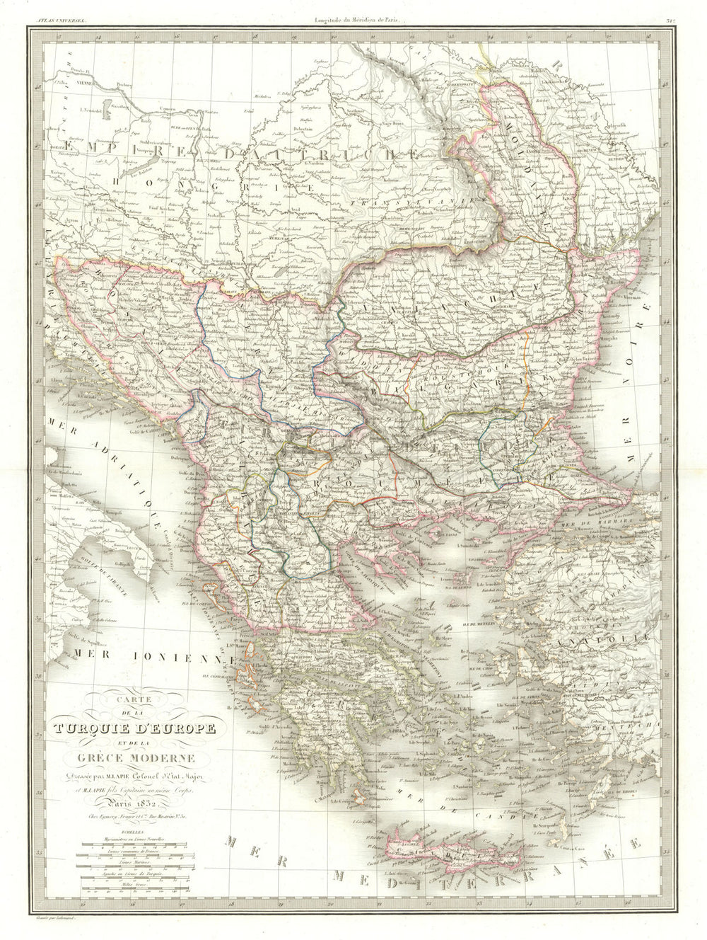 Carte de la Turquie d'Europe & Grèce moderne. Balkans & Greece. LAPIE 1832 map