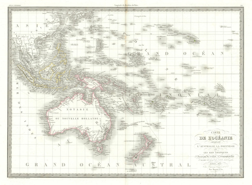 Carte de l'Oceanie… l'Australie, Polynésie… Australia 'Notasie'. LAPIE 1829 map