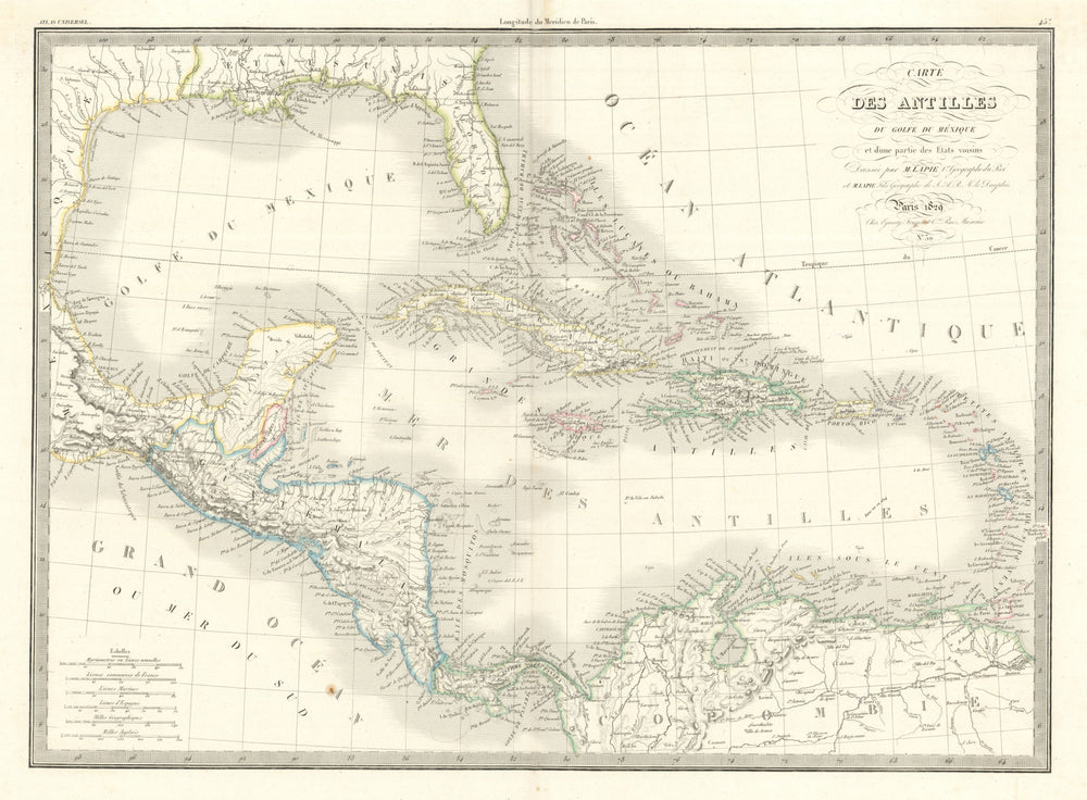 Carte des Antilles, du golfe du Mexique… Caribbean & West Indies. LAPIE 1829 map