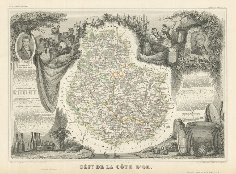Département de la CÔTE-D'OR. Decorative antique map/carte. LEVASSEUR 1856