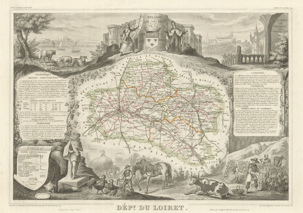 Département du LOIRET. Decorative antique map/carte by Victor LEVASSEUR 1856