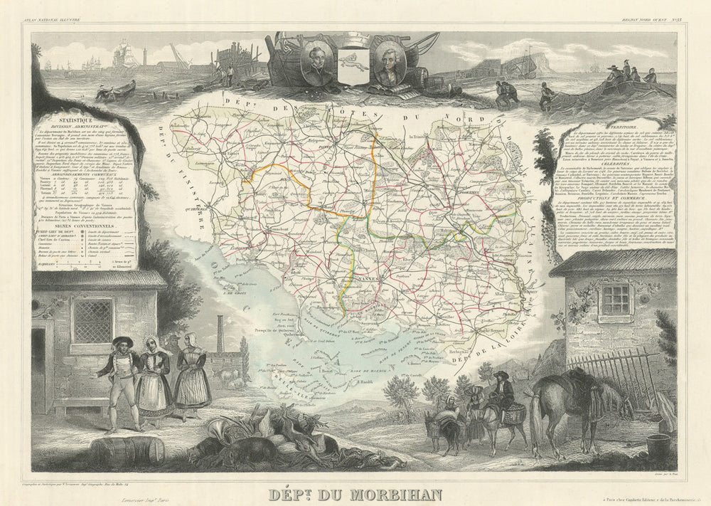 Département du MORBIHAN. Decorative antique map/carte by Victor LEVASSEUR 1856