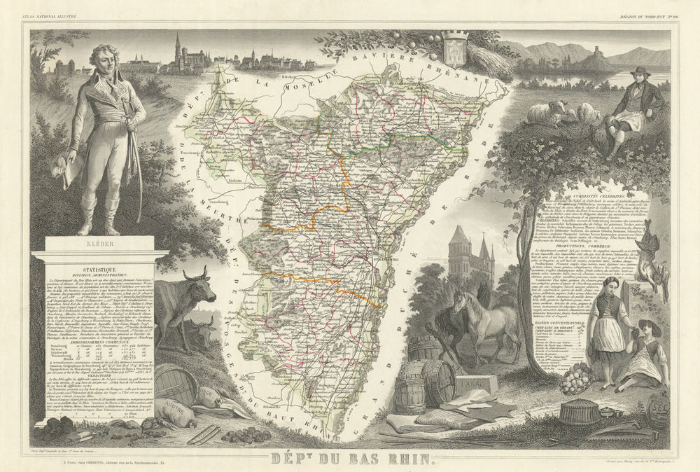 Département du BAS-RHIN. Decorative antique map/carte by Victor LEVASSEUR 1856