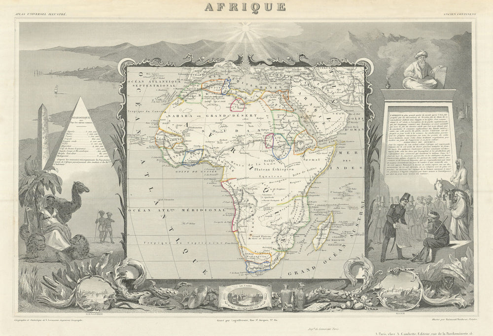 AFRIQUE. Africa. Decorative antique map/carte by Victor LEVASSEUR 1856 old