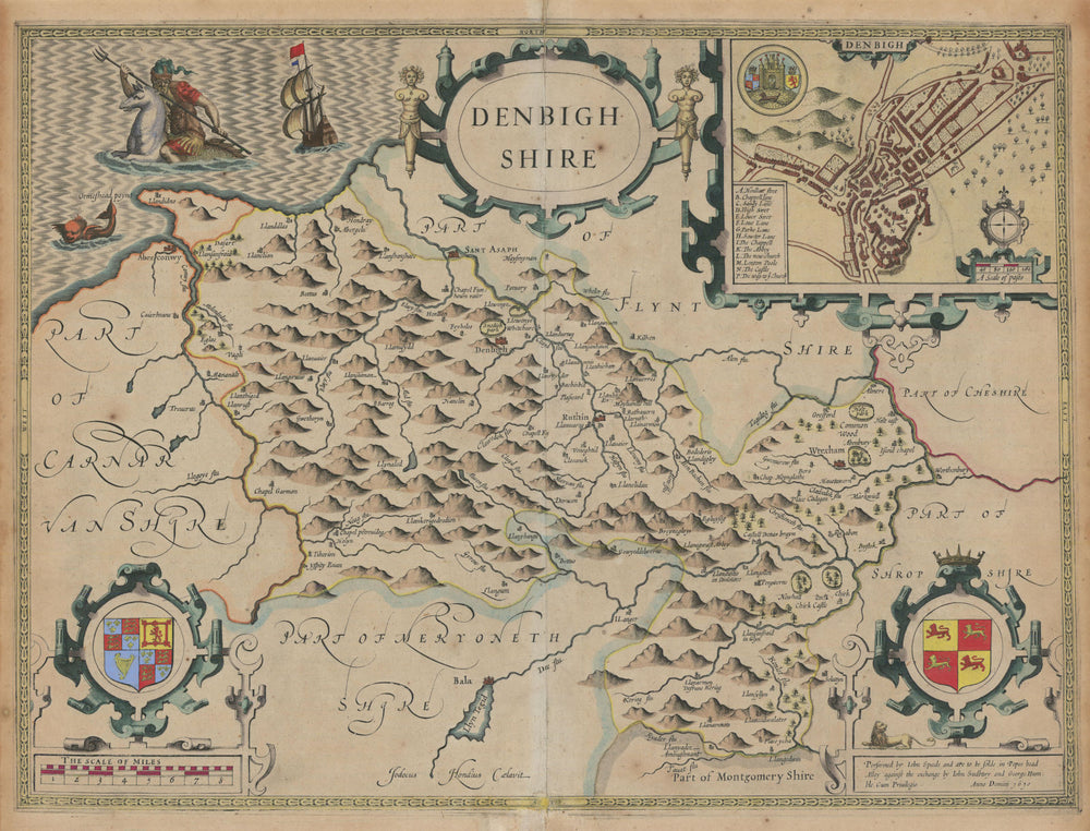 Denbighshire county map by John Speed. Sudbury & Humble edition c1627 old