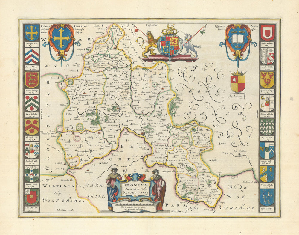 Oxonium Comitatus, vulgo Oxfordshire. County map by Blaeu 1645 old antique