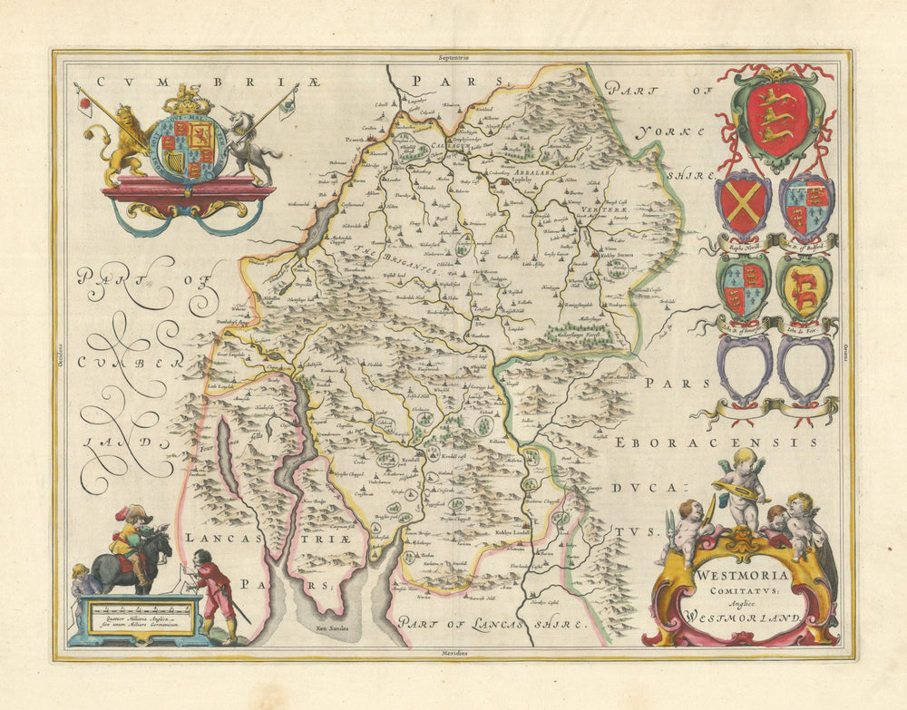 Westmoria Comitatus; Anglice Westmorland. Westmoreland county map by Blaeu 1645