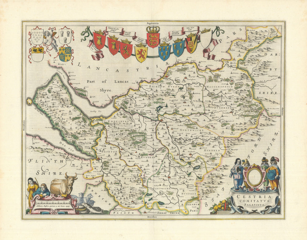 Cestria Comitatus Palatinus. Cheshire county map by Blaeu 1645 old antique