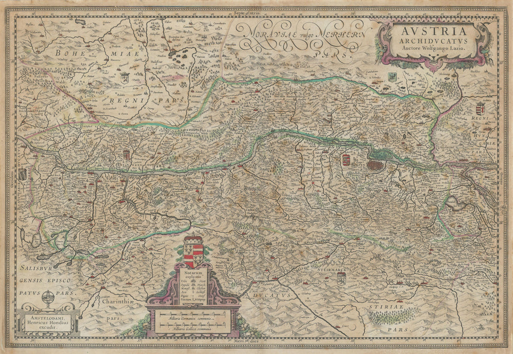 Austria Archiducatus auctore Wolfgango Lazio by Henricus Hondius c1636 old map
