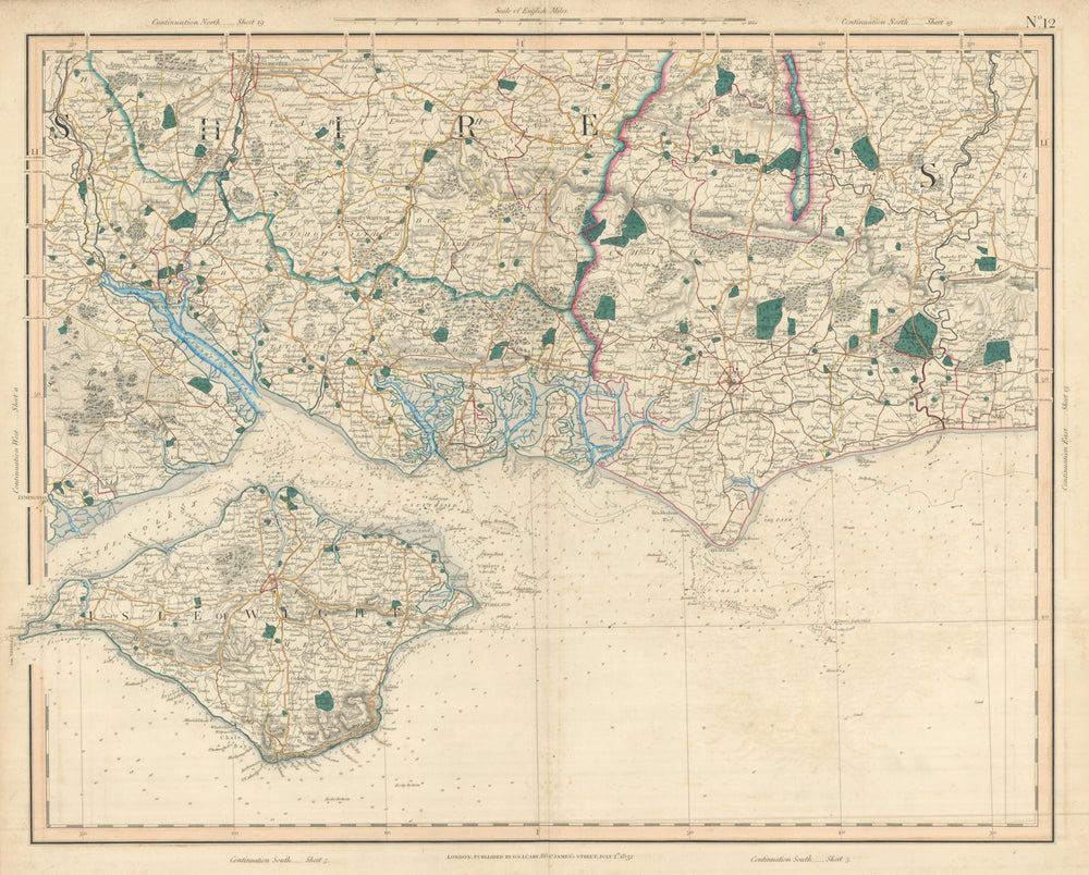 SOUTH DOWNS, SOLENT & ISLE OF WIGHT. SE Hampshire & W Sussex coast CARY 1832 map
