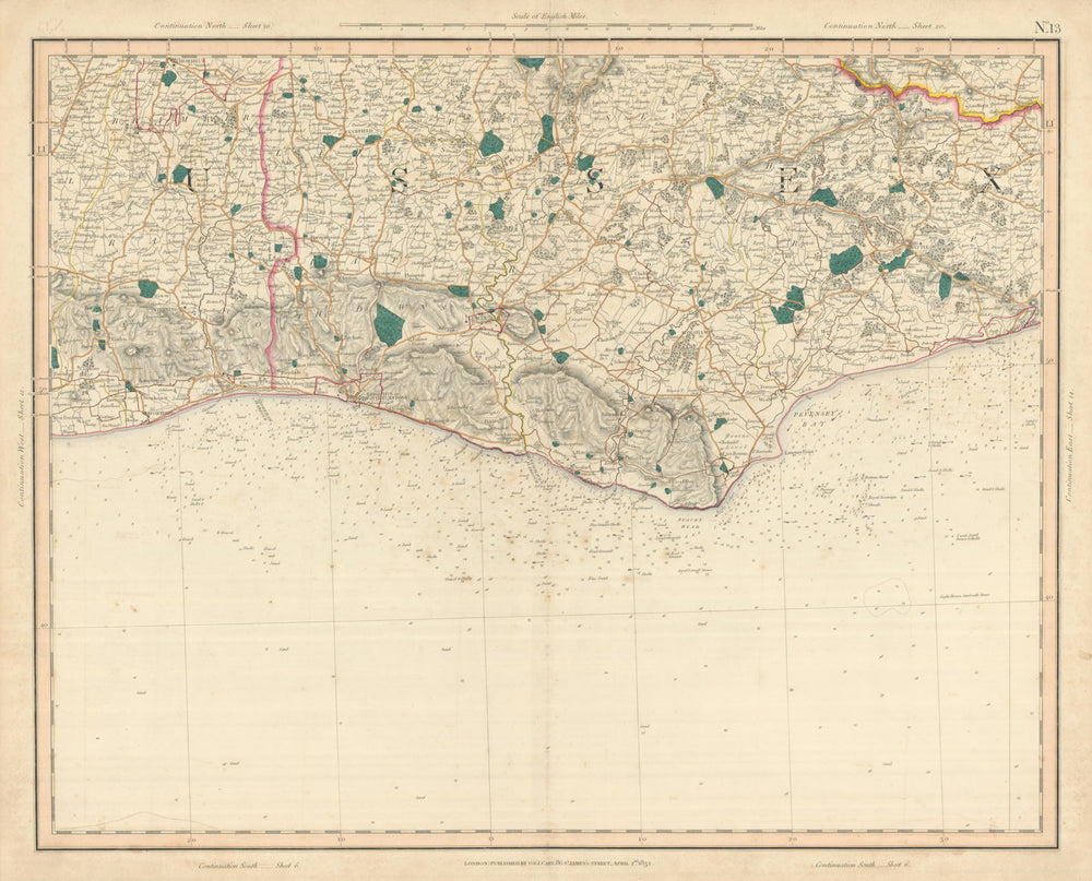 SUSSEX COAST, SOUTH DOWNS & SEVEN SISTERS. Brighton Eastbourne. CARY 1832 map