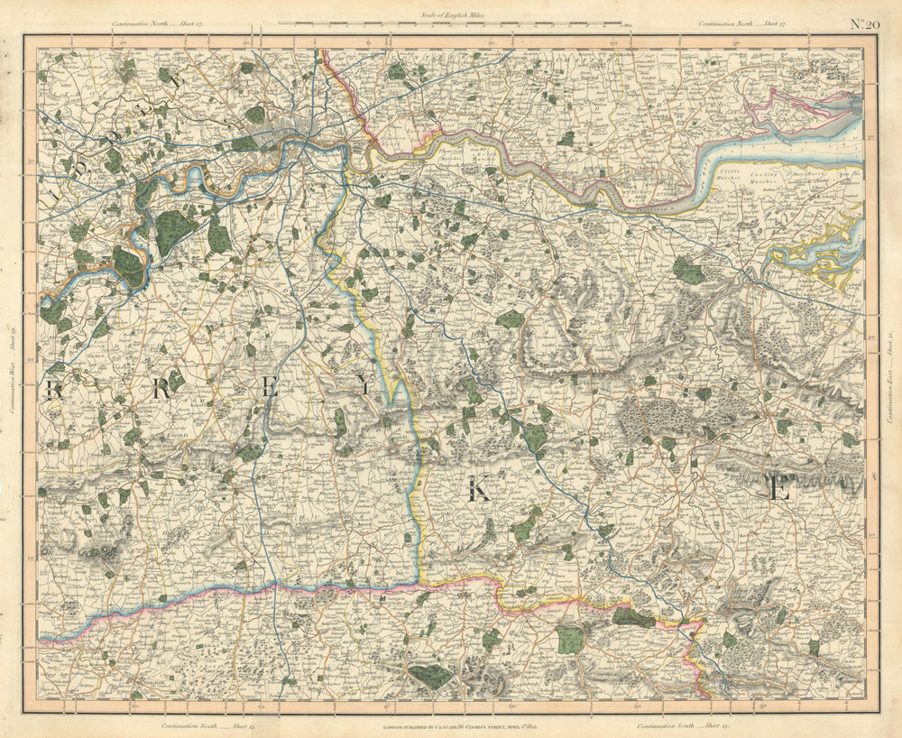 LONDON, THAMES ESTUARY, NORTH DOWNS & HIGH WEALD. W Kent, E Surrey CARY 1832 map