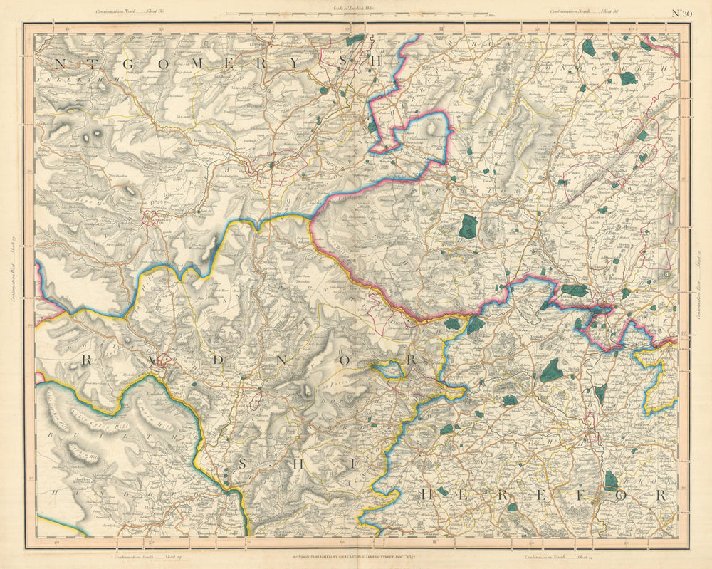 MID WALES & SHROPSHIRE HILLS Radnorshire Montgomery Herefordshire. CARY 1832 map