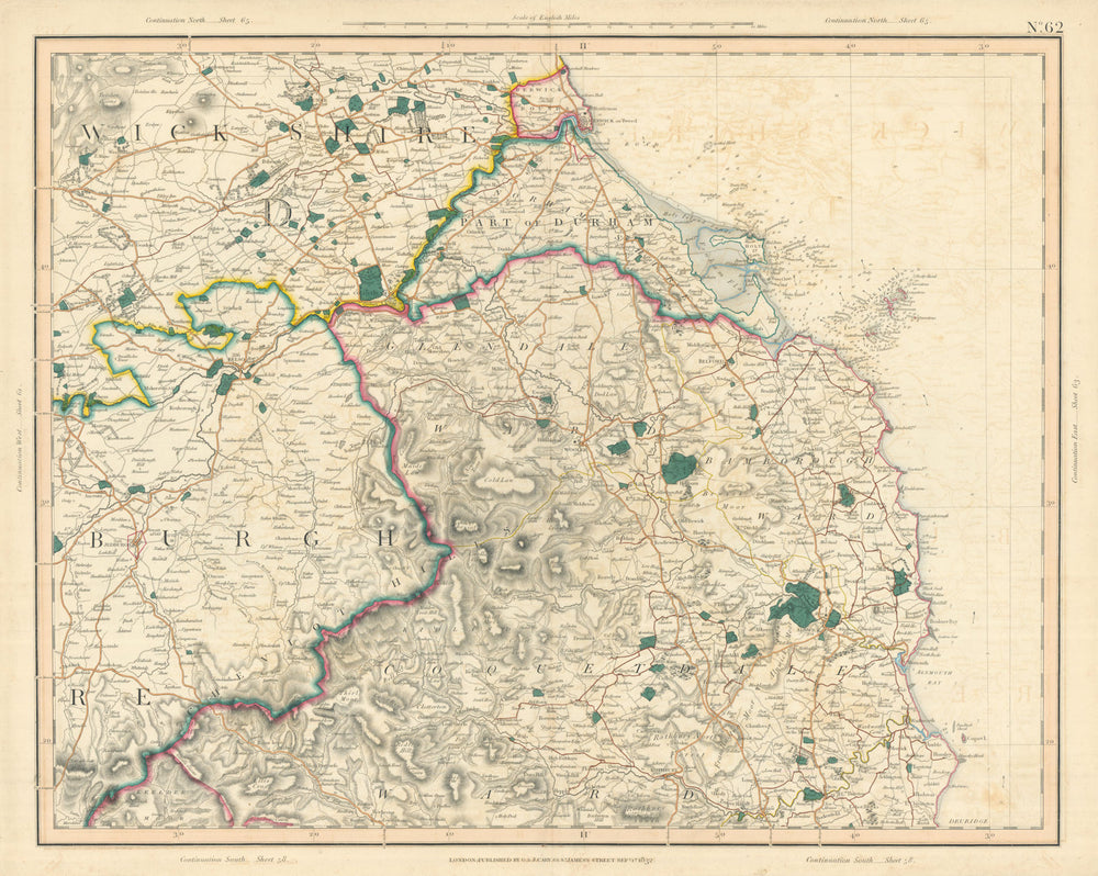 SCOTTISH BORDERS, CHEVIOT HILLS, NORTHUMBERLAND COAST Berwickshire CARY 1832 map