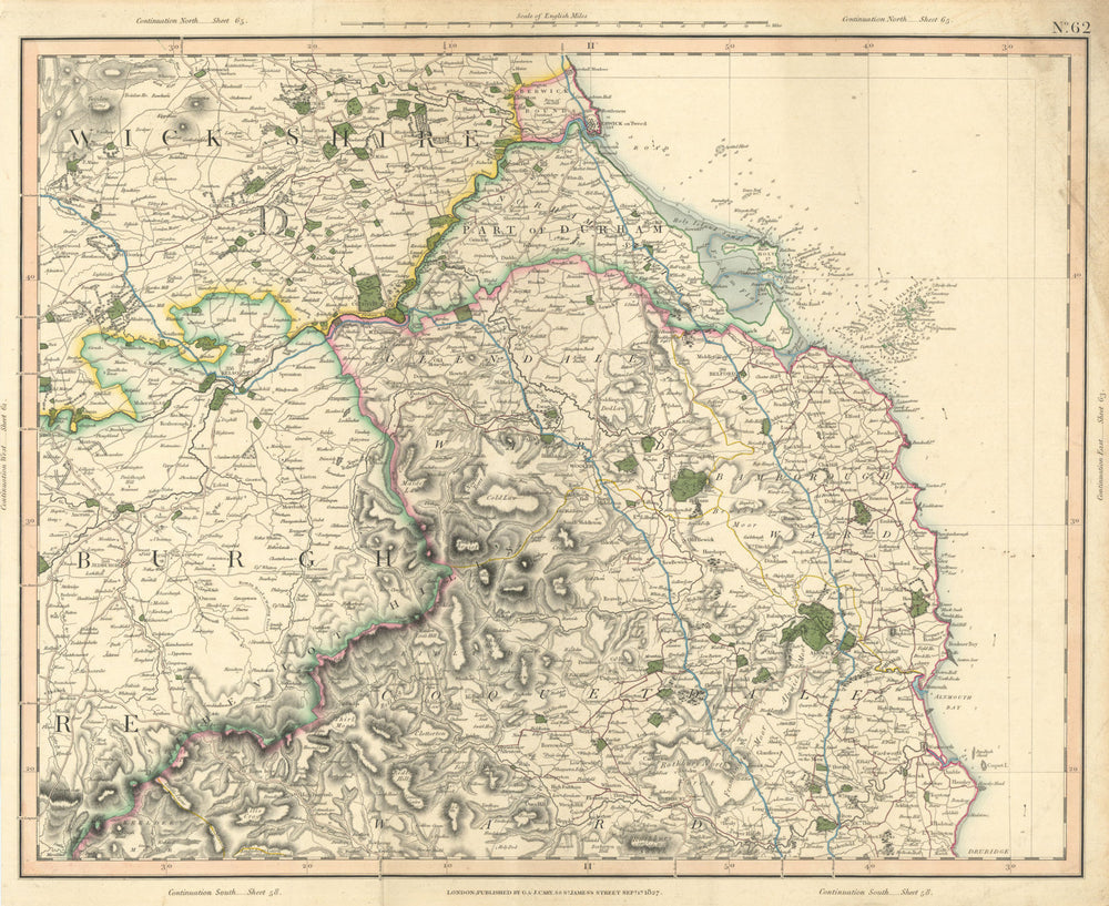 SCOTTISH BORDERS, CHEVIOT HILLS, NORTHUMBERLAND COAST Berwickshire CARY 1832 map