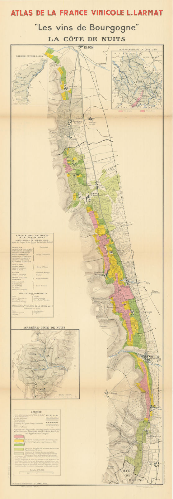 BURGUNDY BOURGOGNE WINE MAP La Côte de Nuits vineyards vignobles. LARMAT 1942