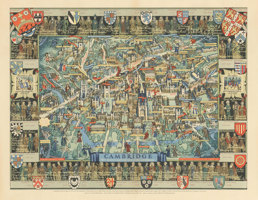 Cambridge "This immense & glorious work…" pictorial map by Kerry Lee 1948