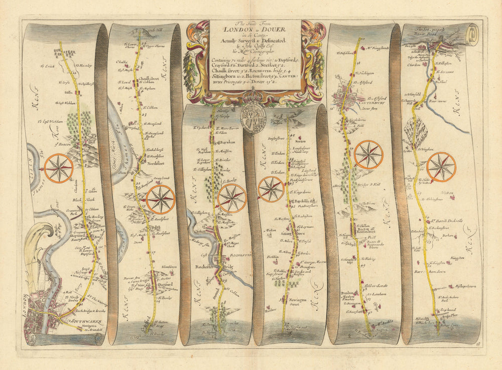 London Greenwich Chatham Sittingbourne Canterbury Dover OGILBY road map #28 1675